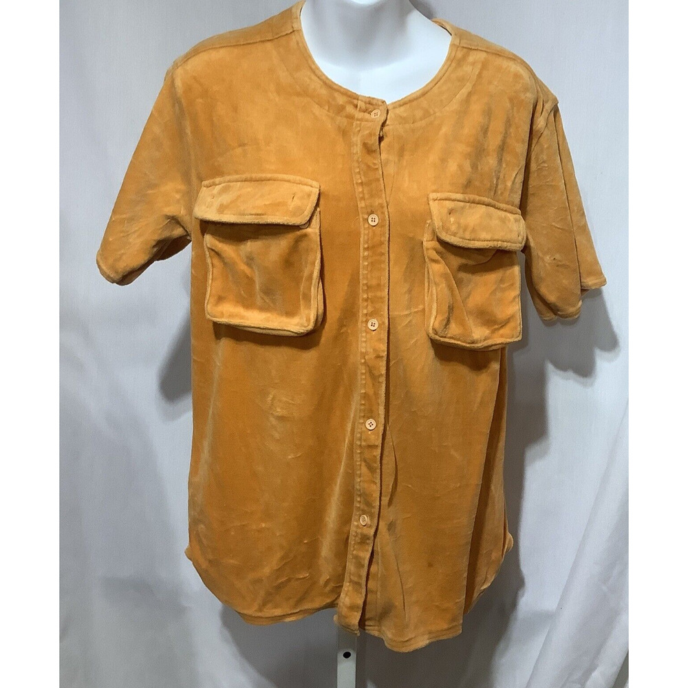 Vintage IQ Orange Velour Shirt Big Puffy Pockets Womens Medium 70s